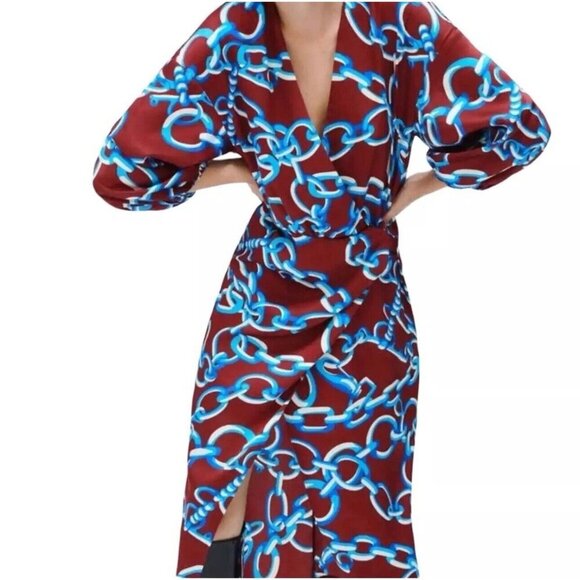 Zara Chain Print V-neck Midi Dress Size S Multicolored Spring Vacation New - Picture 2 of 16